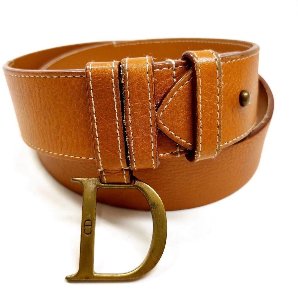 Christian DIOR Cognac Brown Leather D Charm Saddle Belt 85 cm Auth US Medium